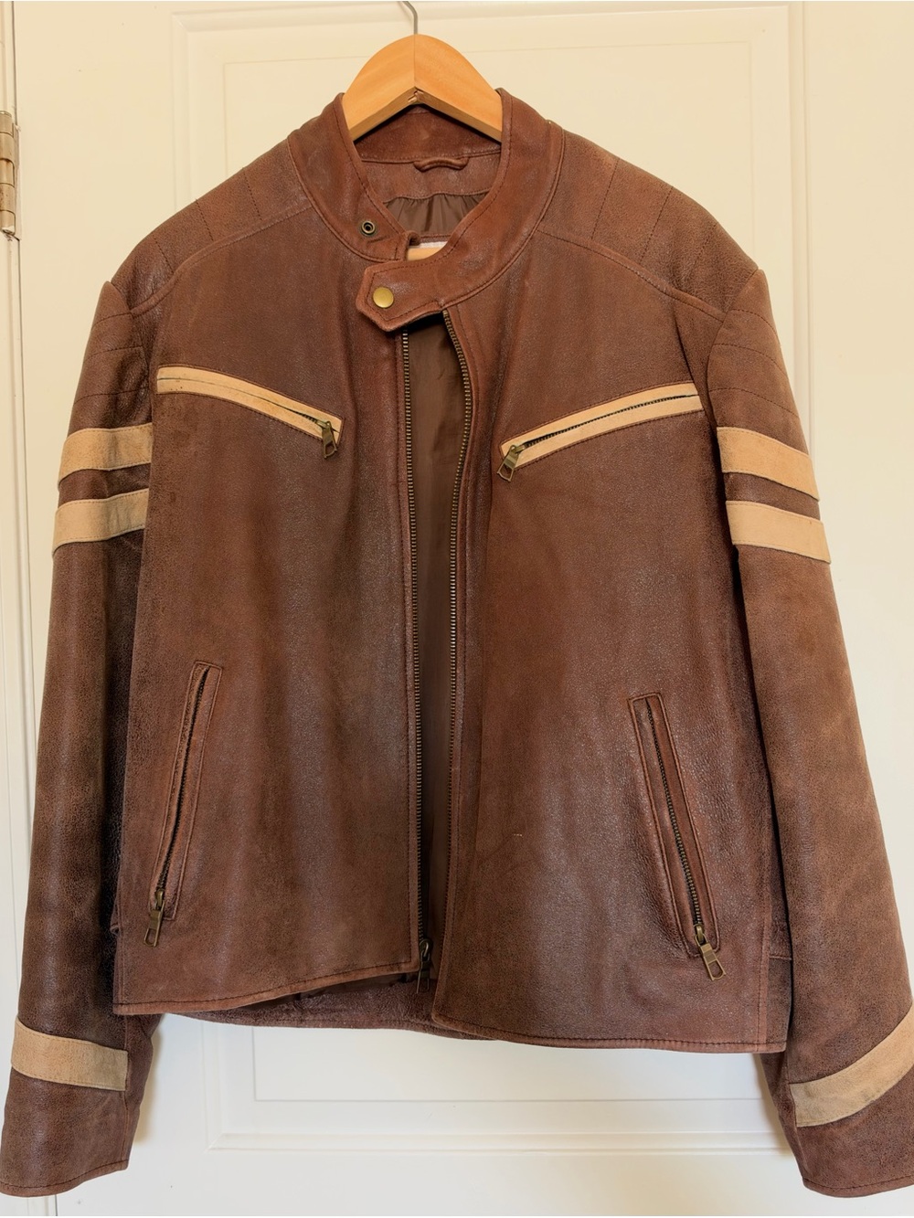 Wilsons Leather M Julian Cafe Racer Jacket Men L Brown Distressed Striped